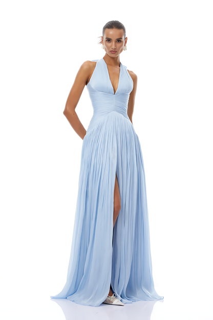Elegant V-neck Pleated Slit Maxi Dress