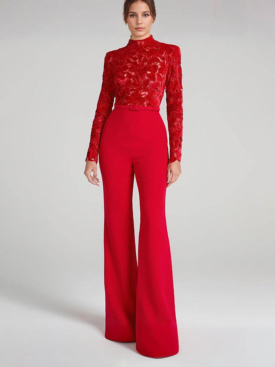 Red Jumpsuit with Lace Top High Neck Long Sleeve Flare Leg Semi-formal Party Wear For Women 2026