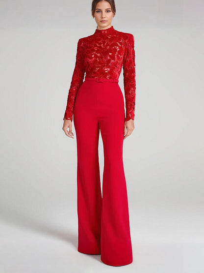 Red Jumpsuit with Lace Top High Neck Long Sleeve Flare Leg Semi-formal Party Wear For Women 2026
