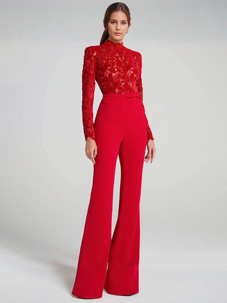 Red Jumpsuit with Lace Top High Neck Long Sleeve Flare Leg Semi-formal Party Wear For Women 2026