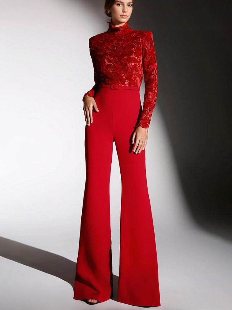 Red Jumpsuit with Lace Top High Neck Long Sleeve Flare Leg Semi-formal Party Wear For Women 2026