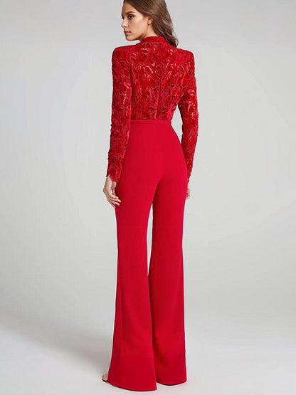 Red Jumpsuit with Lace Top High Neck Long Sleeve Flare Leg Semi-formal Party Wear For Women 2026