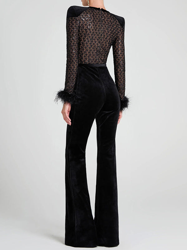 Feather Cuff Velvet Jumpsuit with Padded Shoulders Long Sleeve Spring Formal Party Wear For Women 2026