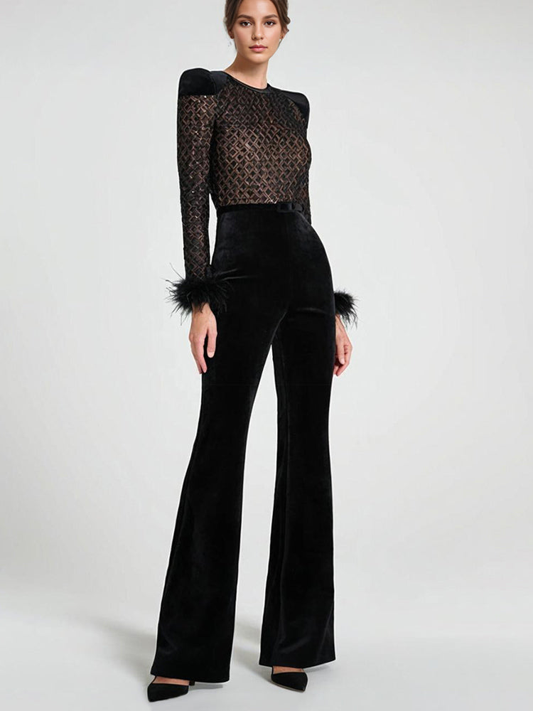 Feather Cuff Velvet Jumpsuit with Padded Shoulders Long Sleeve Spring Formal Party Wear For Women 2026