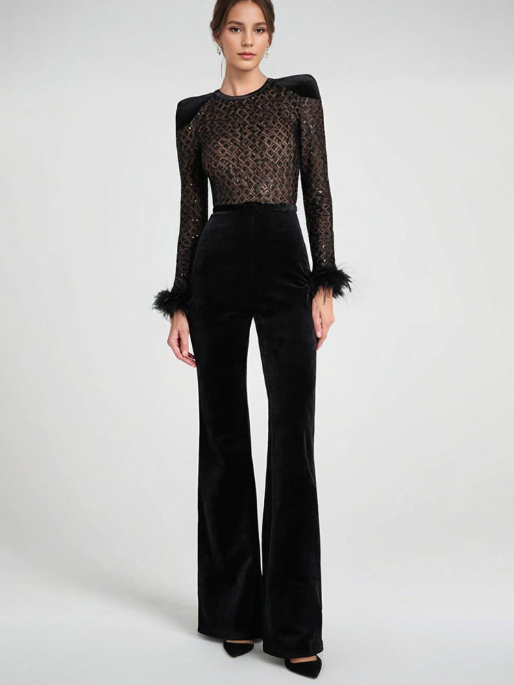 Feather Cuff Velvet Jumpsuit with Padded Shoulders Long Sleeve Spring Formal Party Wear For Women 2026