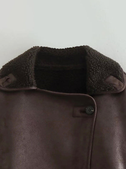 Faux Leather Jacket In Maillard Tones Faux Shearling Lapel Oversized Spring Outerwear For Women 2026