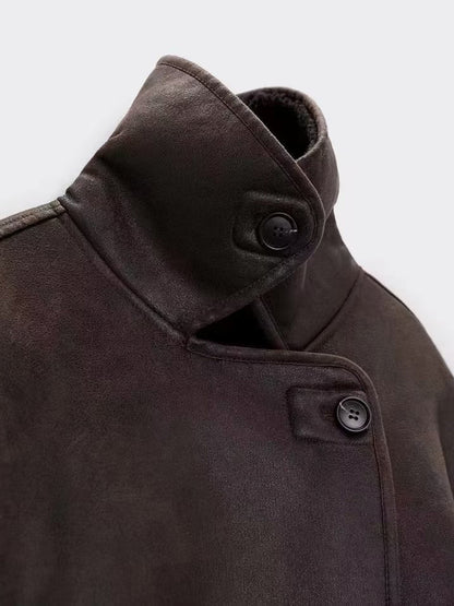 Faux Leather Jacket In Maillard Tones Faux Shearling Lapel Oversized Spring Outerwear For Women 2026