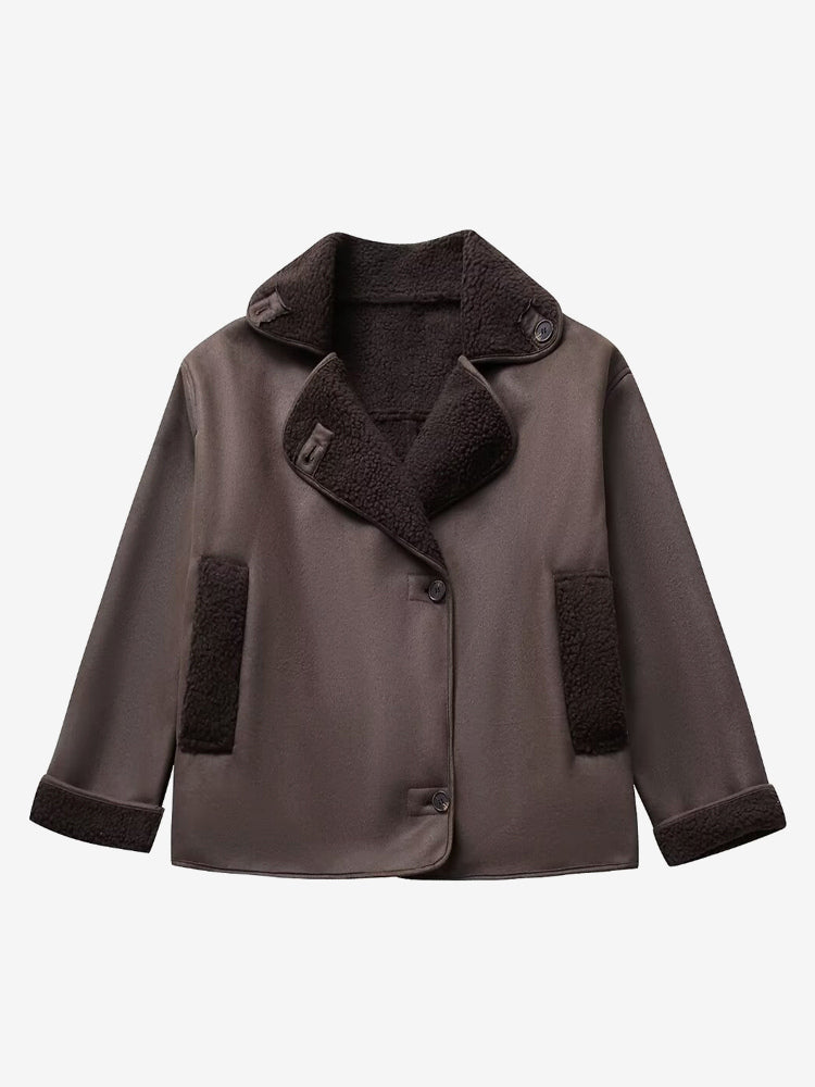 Faux Leather Jacket In Maillard Tones Faux Shearling Lapel Oversized Spring Outerwear For Women 2026