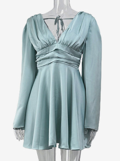 Satin Skater Dress Deep V-neck Long Bell Sleeve Pleated Spring Sexy Mini Swing Dress For Women 2026