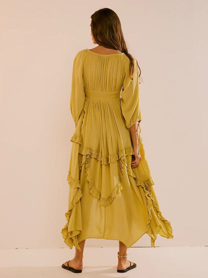 Square Neck Boho Maxi Dress for Women - Three Quarter Sleeve Tiered Ruffle Hem Smocked Flowy Long Dress - Summer Beach 2026