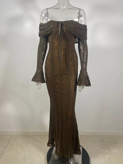 Black Floral Lace Maxi Dress Off Shoulder Bell Long Sleeve Mermaid Bodycon Dress For Women 2026