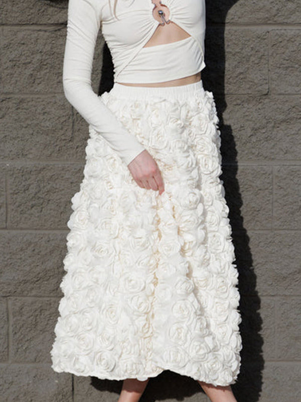 3D Rose Long Skirt Solid Color Birthday Party A-line Skirt For Women 2026