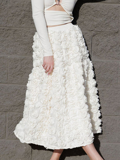 3D Rose Long Skirt Solid Color Birthday Party A-line Skirt For Women 2026