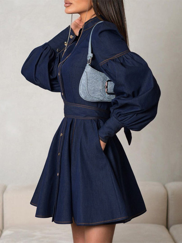 Denim Skater Dress Puff Sleeve Button-Up A-line Mini Dress For Women 2026