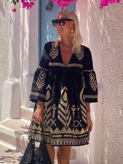 Boho Printed Mini Dress for Women - Black Ethnic V Neck Bell Sleeve Loose Fit Babydoll Tunic Dress - Summer Resort 2026