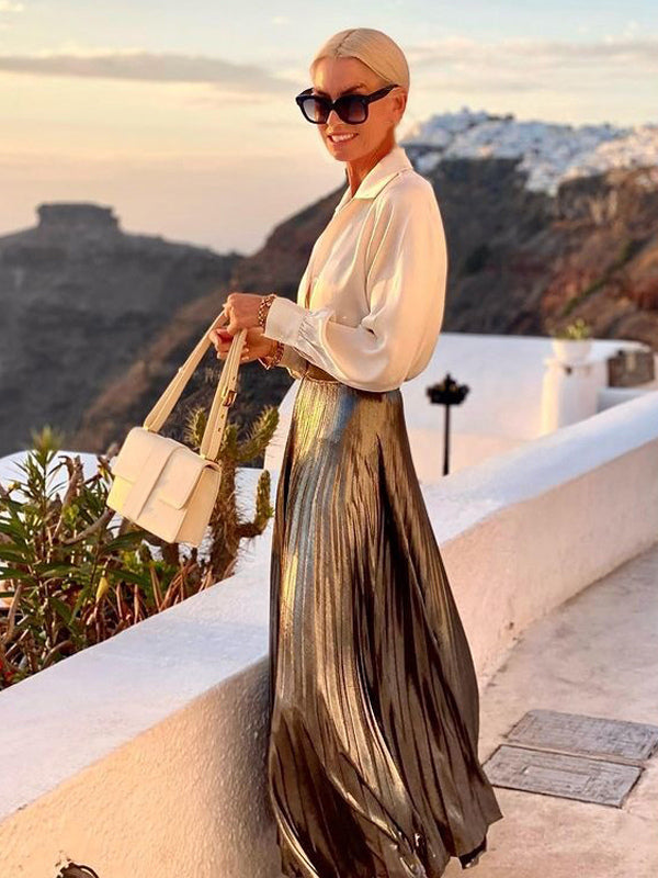 Two Piece Set Lantern Sleeve Blouse And Pleated Maxi Skirt Vacation Outfit For Women 2026