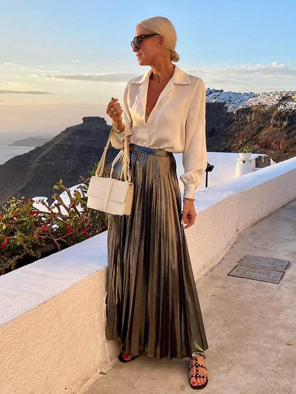 Two Piece Set Lantern Sleeve Blouse And Pleated Maxi Skirt Vacation Outfit For Women 2026