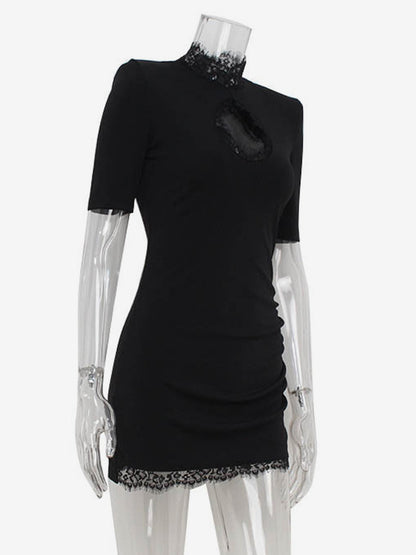Black Bodycon Mini Dress With Lace Trim High Neck Sexy Club Dress For Women 2026
