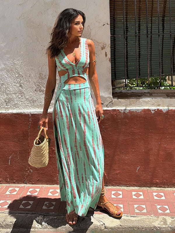 Tie Dye Maxi Dress for Women - Boho Cut Out V Neck High Slit Flowy Sleeveless Sundress - Summer Beach Vacation 2026
