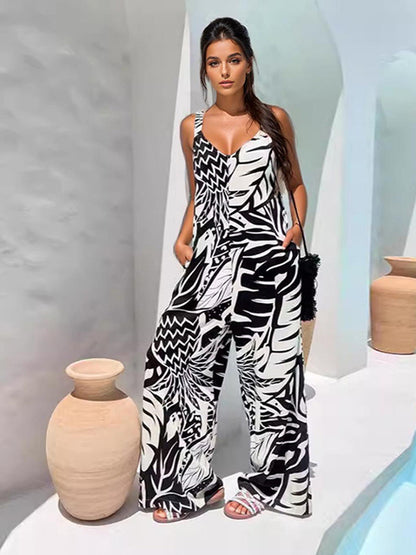 Tropical Printed Jumpsuit Sleeveless Wide Leg Summer Outfit For Women 2026