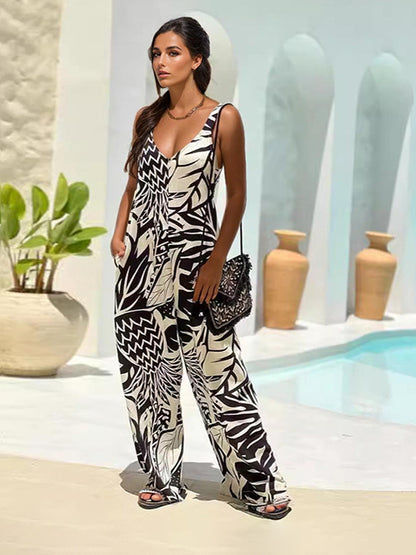 Tropical Printed Jumpsuit Sleeveless Wide Leg Summer Outfit For Women 2026