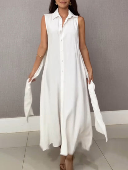 Unique Shirt Style Single-breasted Tie Midi Dress
