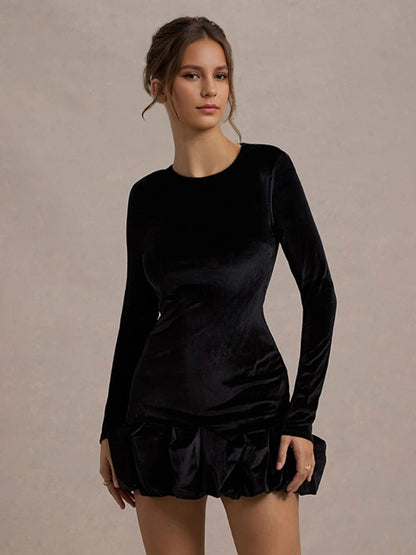 Elegant Velvet Mini Dress With Ruffle Hem Long Sleeve Bodycon Dress For Women 2026