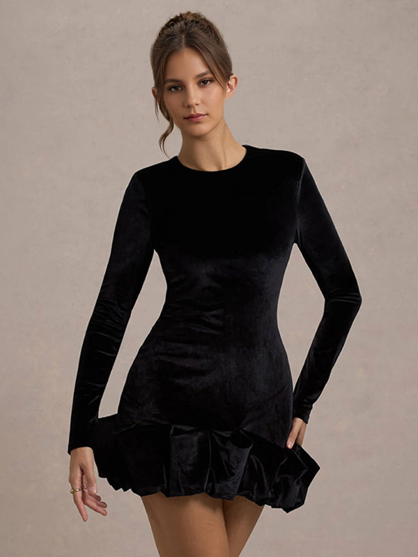 Elegant Velvet Mini Dress With Ruffle Hem Long Sleeve Bodycon Dress For Women 2026