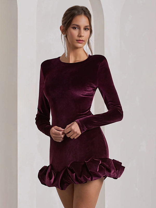 Elegant Velvet Mini Dress With Ruffle Hem Long Sleeve Bodycon Dress For Women 2026