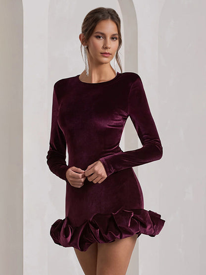 Elegant Velvet Mini Dress With Ruffle Hem Long Sleeve Bodycon Dress For Women 2026