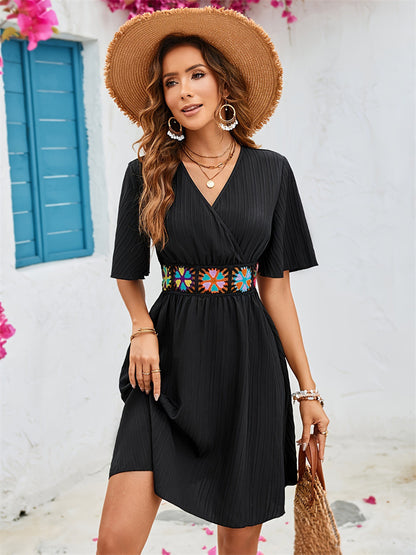 Boho Wrap Style Midi Dress for Women - Black V Neck Flutter Sleeve Embroidered Skater Sundress - Summer Beach 2026