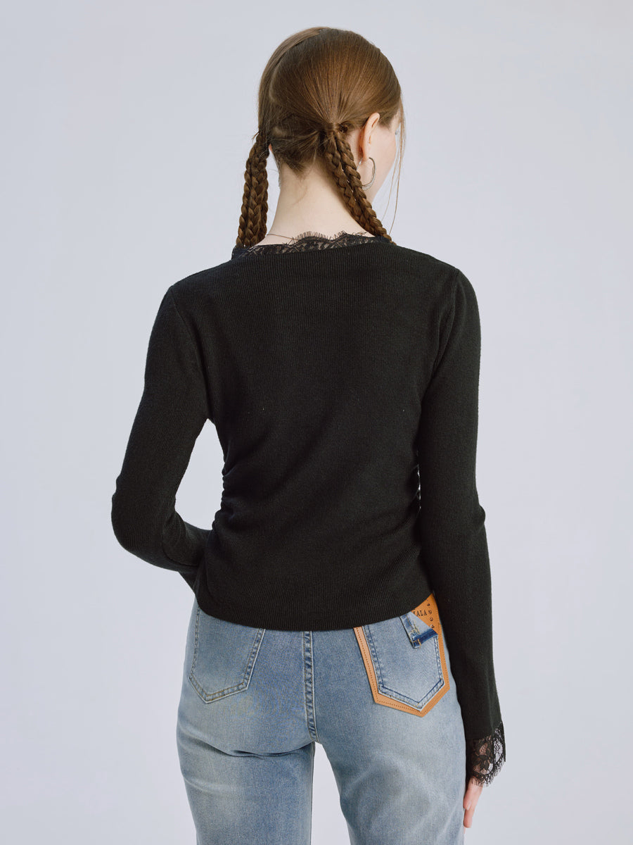 Black Basic T-shirt With Lace Decoration Crew Neck Spring Top For Women 2026