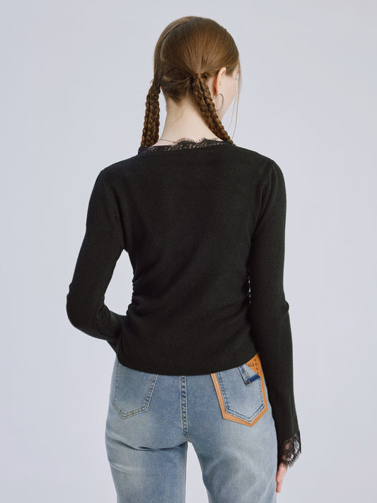 Black Basic T-shirt With Lace Decoration Crew Neck Spring Top For Women 2026