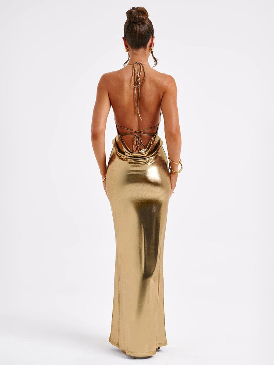 Metallic Gold Maxi Dress With Open Back Party Bodycon Halter Dress Dress For Women 2026