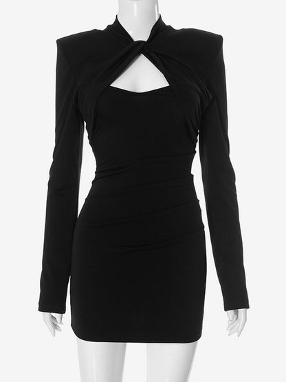 Black Cutout Bodycon Dress Padded Shoulder Long Sleeves Mini Dress For Women 2026