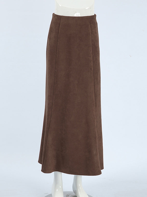 Elegant Brown Suede A-Line Maxi Skirt For Women 2026