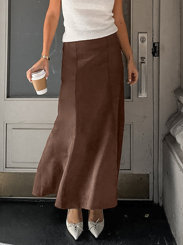 Elegant Brown Suede A-Line Maxi Skirt For Women 2026