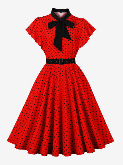 Polka Dot Shirt Dress With Tie And Belt Flutter Sleeve Vintage Midi Dress For Women 2026