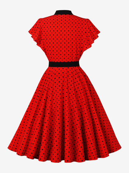 Polka Dot Shirt Dress With Tie And Belt Flutter Sleeve Vintage Midi Dress For Women 2026