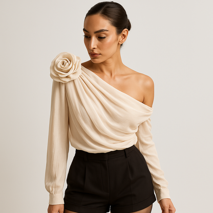 Étoile One-Shoulder Draped Blouse | 3D Floral Detail