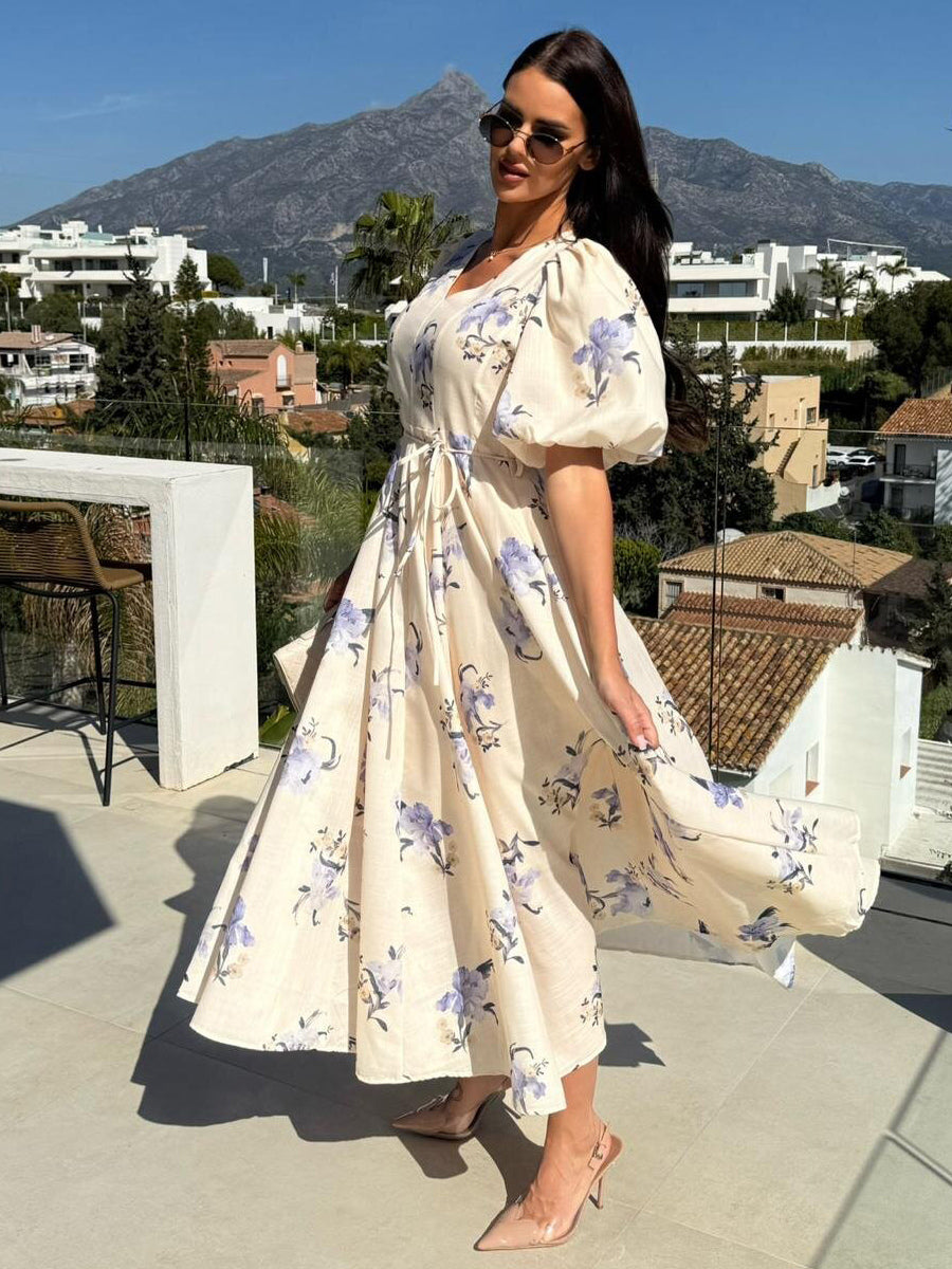 Floral Print Long Dress With Puff Sleeves For Women 2026