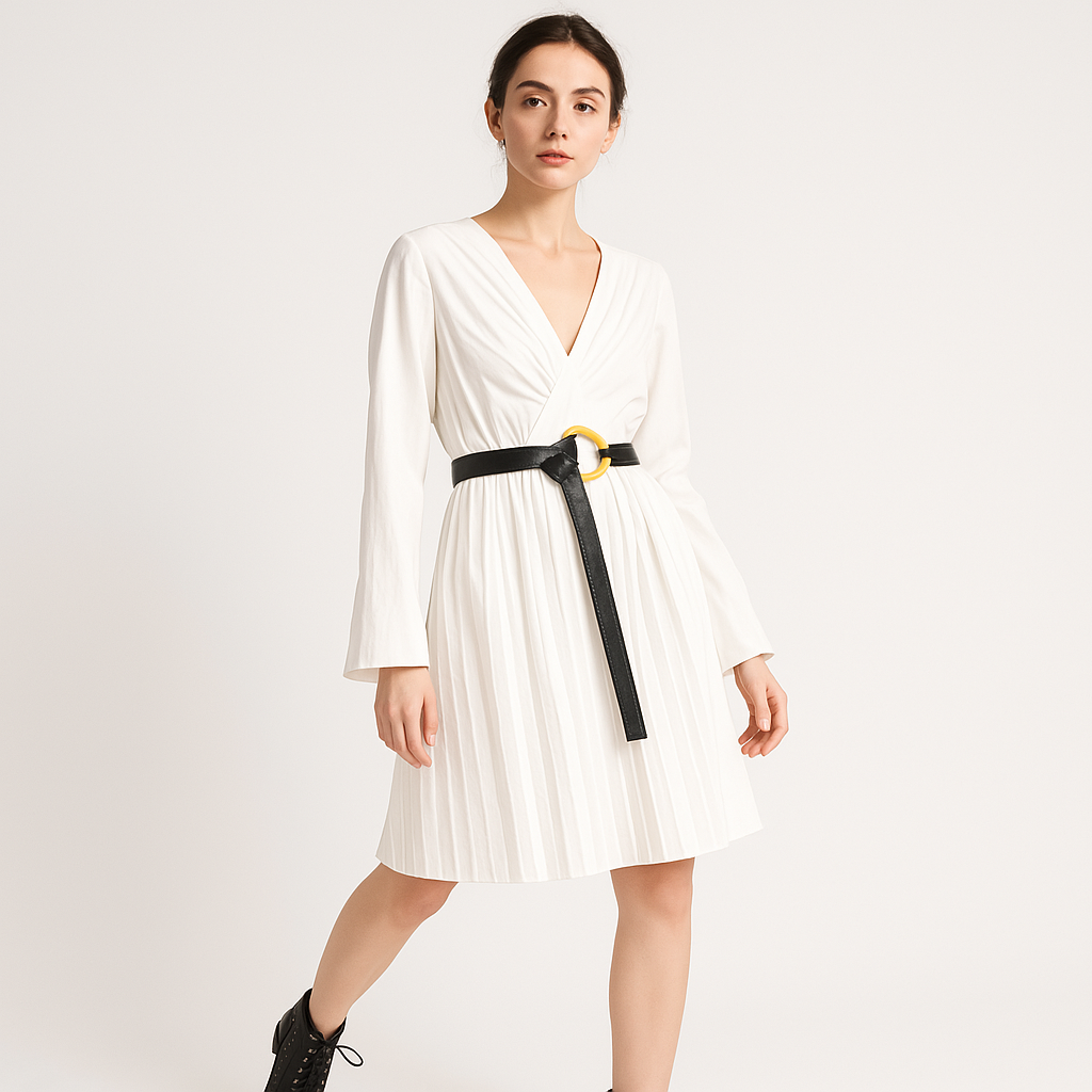 Lina Pleated Wrap Dress | White Contrast Belt | Contemporary Elegance