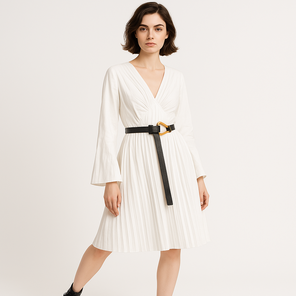 Lina Pleated Wrap Dress | White Contrast Belt | Contemporary Elegance