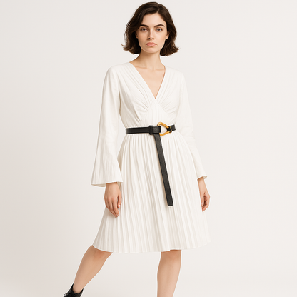 Lina Pleated Wrap Dress | White Contrast Belt | Contemporary Elegance