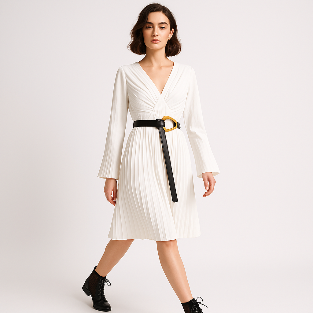 Lina Pleated Wrap Dress | White Contrast Belt | Contemporary Elegance