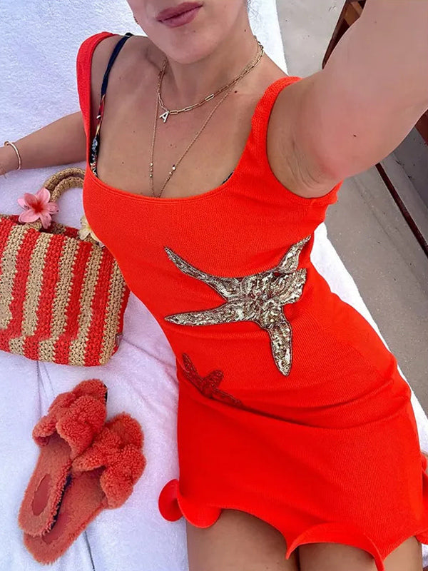 Starfish Sequin Mini Dress for Women - Sexy Sleeveless Scoop Neck Slim Fit Sheath Sundress - Summer Beach Resort 2026