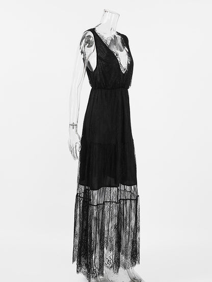Eyelash Trim Lace Maxi Dress for Women - Sexy Deep V Neck Sleeveless Sheer Tiered Sundress - Summer Beach Party 2026