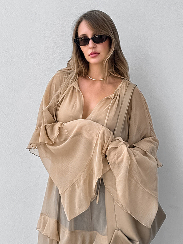 Sheer Chiffon Maxi Dress for Women - Khaki Boho Ruffle Flare Sleeve V Neck Flowy Cover Up - Spring Summer Casual 2026