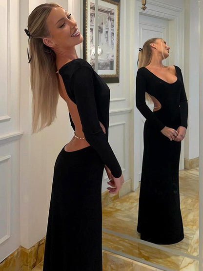 Open Back Maxi Party Dress Long Sleeve Crew Neck Long Dress For Women 2026