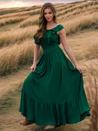 Smocked Waist Maxi Boho Dress for Women - Flutter Sleeve Square Neck Tiered Ruffle Flowy Gown - Summer Beach Sundress 2026
